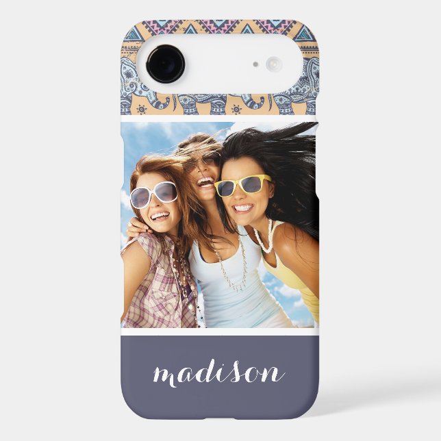 Custom Photo & Name Blue Elephant Tribal Pattern Case-Mate iPhone Case (Back)