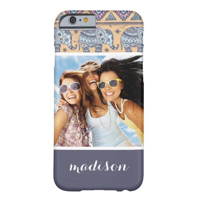 Custom Photo & Name Blue Elephant Tribal Pattern Case-Mate iPhone Case (Back)
