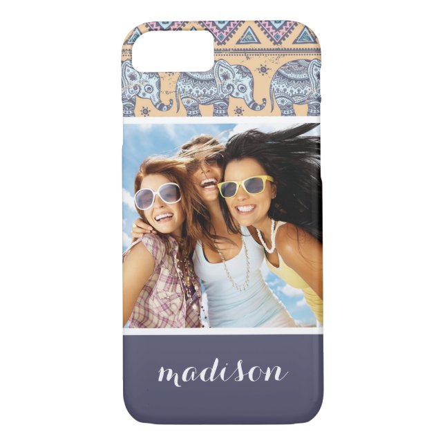Custom Photo & Name Blue Elephant Tribal Pattern Case-Mate iPhone Case (Back)