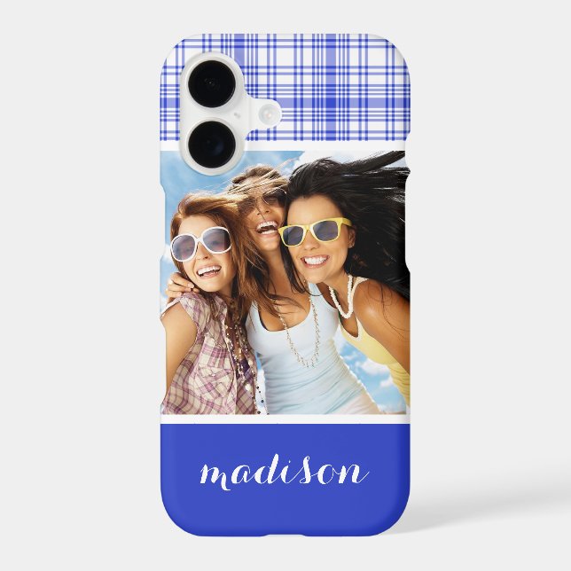 Custom Photo & Name Blue White Plaid 2 (Back)