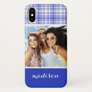Custom Photo & Name Blue White Plaid 2 iPhone X Case