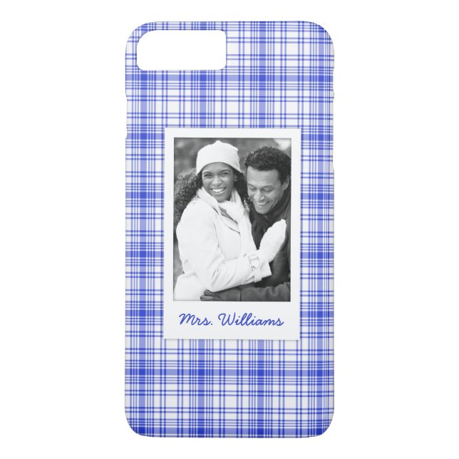 Custom Photo & Name Blue White Plaid 2 Case-Mate iPhone Case (Back)
