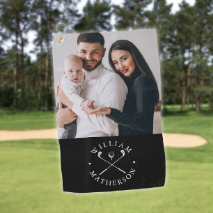 Custom Photo Name Clubs And Ball Black And White Golf Towel