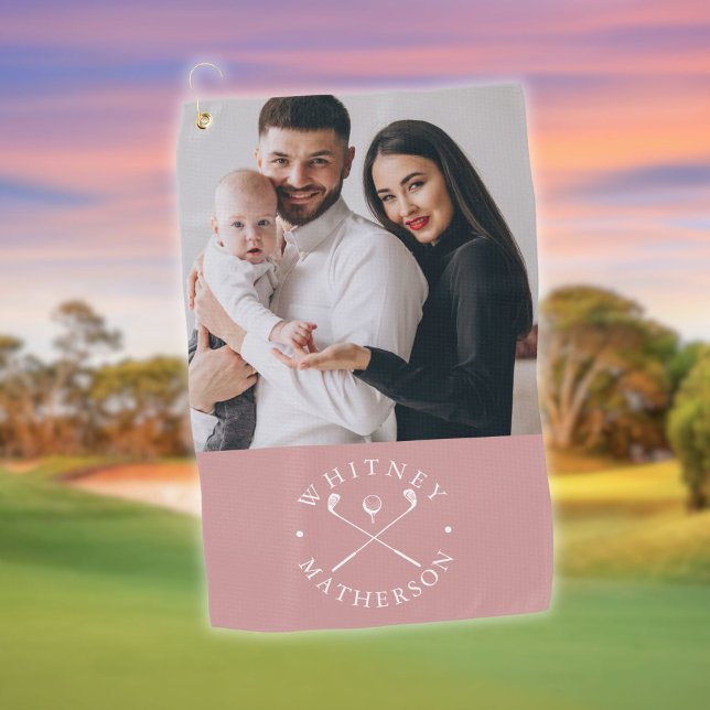 Custom Photo Name Clubs And Ball Dusty Rose White Golf Towel (Custom Photo Name Clubs And Ball Dusty Rose White Golf Towel)