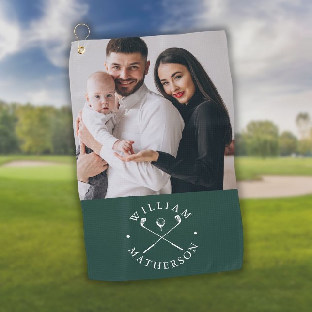 Custom Photo Name Clubs Ball Emerald Green White Golf Towel (Custom Photo Name Clubs Ball Emerald Green White Golf Towel)