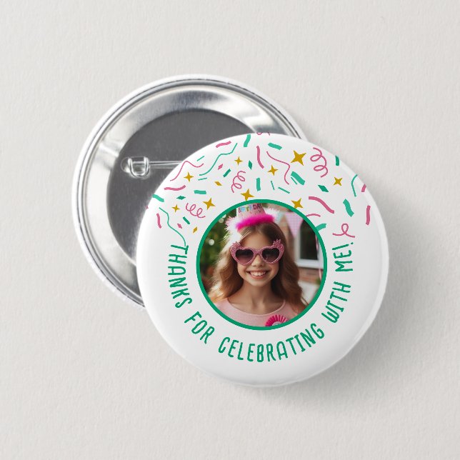 Custom Photo Name Confetti Birthday Thank You  6 Cm Round Badge (Front & Back)