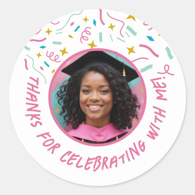 Custom Photo Name Confetti Graduation Thank You  Classic Round Sticker (Front)
