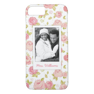 Custom Photo & Name Elegant pink roses 3 iPhone 8/7 Case