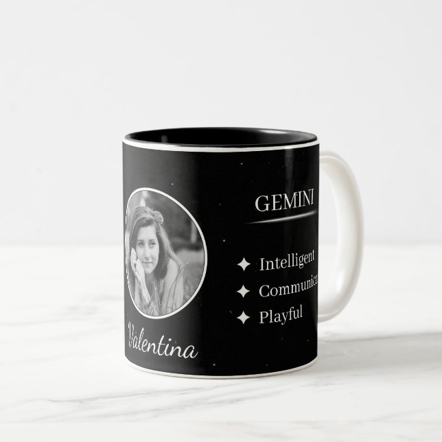 Custom Photo & Name Gemini Zodiac Trait Mug (Front Right)