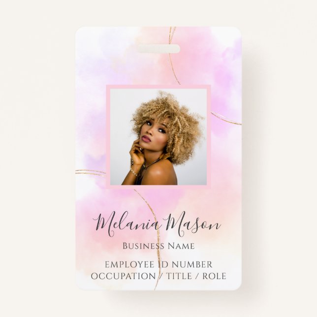 Custom Photo Name Gold Pink Watercolor Staff  ID Badge (Front)