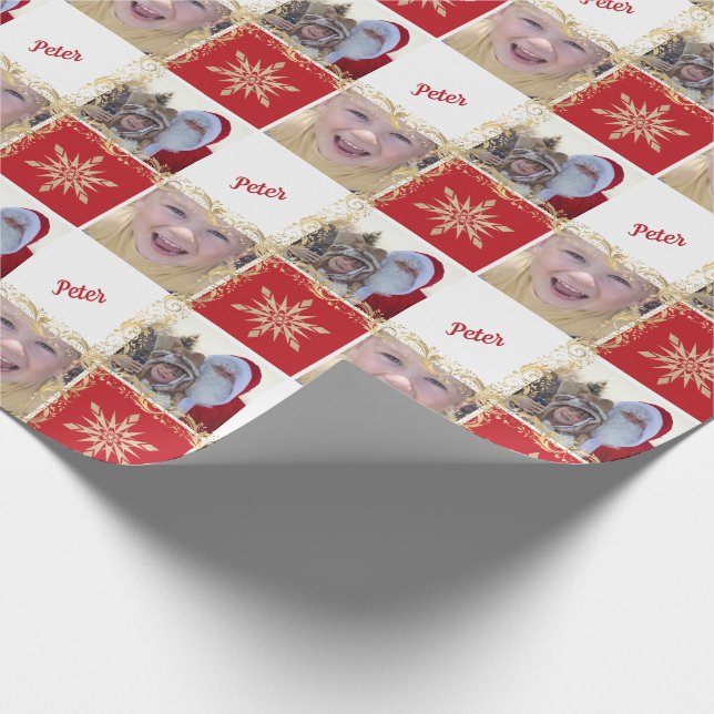 Custom Photo Name Gold & Red Christmas Snowflake  Wrapping Paper (Corner)