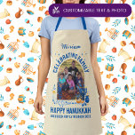 Custom Photo Name HANUKKAH FAMILY REUNION  Apron<br><div class="desc">Stylish Hanukkah apron in YELLOW for HANUKKAH FAMILY REUNION with CUSTOMIZABLE PHOTO AND NAME. Ideal memento of your special family occasion. Design includes popular Chanukah elements including dreidel, menorah, latke, and Star of David, in blue and orange colorway. Upload your photo and personalise with your name and/or title of your...</div>