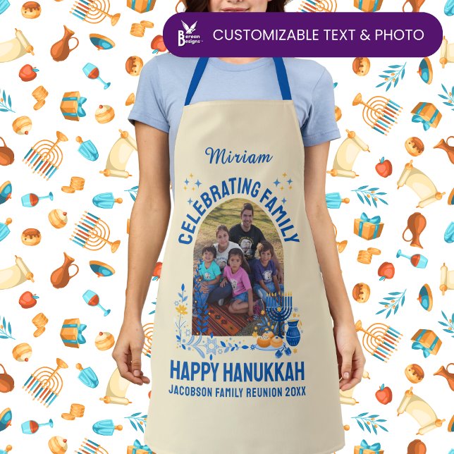Custom Photo Name HANUKKAH FAMILY REUNION  Apron (Personalized CELEBRATING FAMILY Hanukkah apron with customizable photo and name. Matching gifts.)