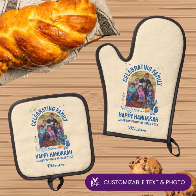 Custom Photo Name HANUKKAH FAMILY REUNION  Oven Mitt & Pot Holder Set (Hanukkah oven mitt and pot holder with customizable photo and text, celebrating family reunion.)