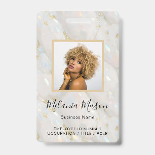 Custom Photo Name Holographic Faux Opal Stone ID Badge