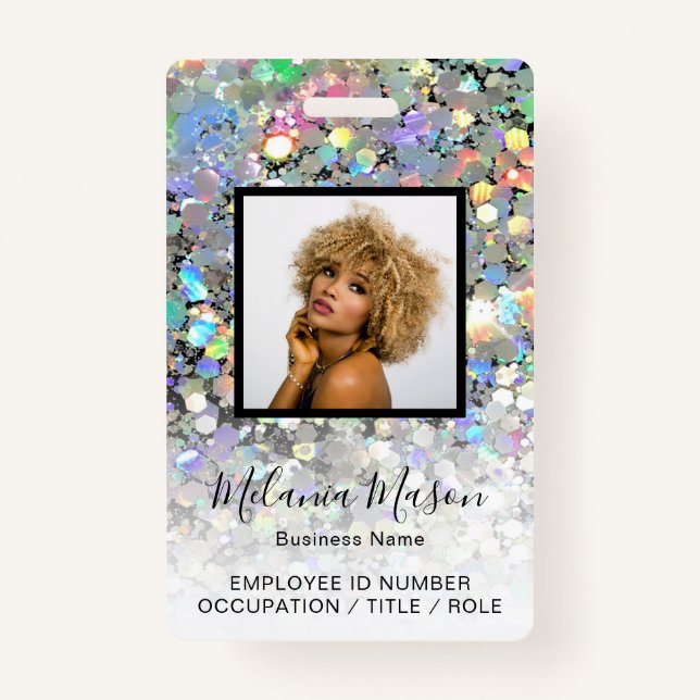 Custom Photo Name Holographic Glitter Staff  ID Badge (Front)