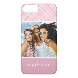 Custom Photo & Name Light Pink Plaid iPhone 8 Plus/7 Plus Case