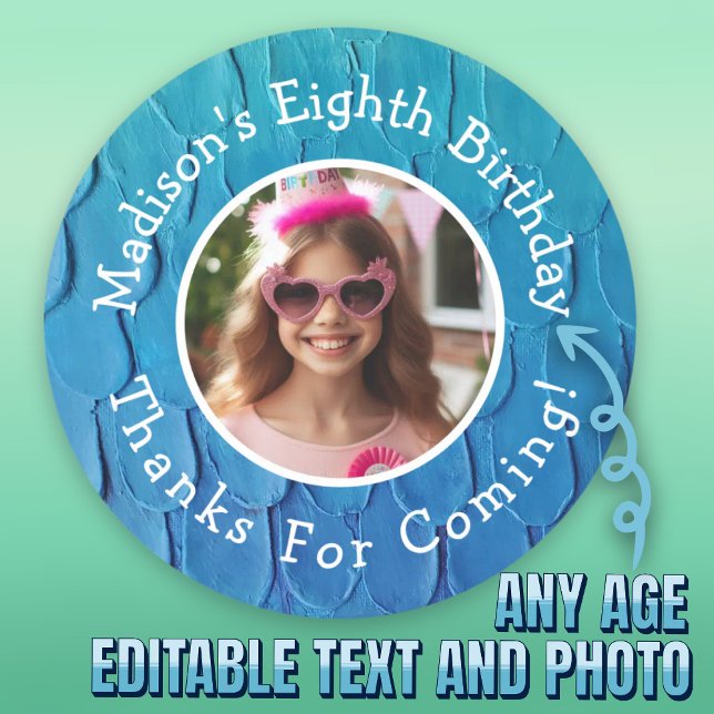 Custom Photo Name Mermaid Theme Birthday Thank You Classic Round Sticker (Custom Photo Name Mermaid Theme Birthday Thank You Classic Round Sticker.)