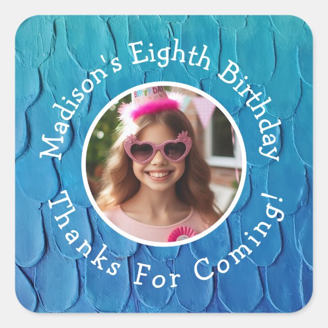 Custom Photo Name Mermaid Theme Birthday Thank You Square Sticker (Front)