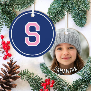 Custom Photo Name Monogram Navy Blue Pink Retro Metal Tree Decoration