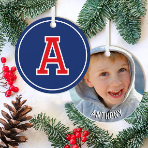 Custom Photo Name Monogram Navy Blue Red Retro Metal Tree Decoration