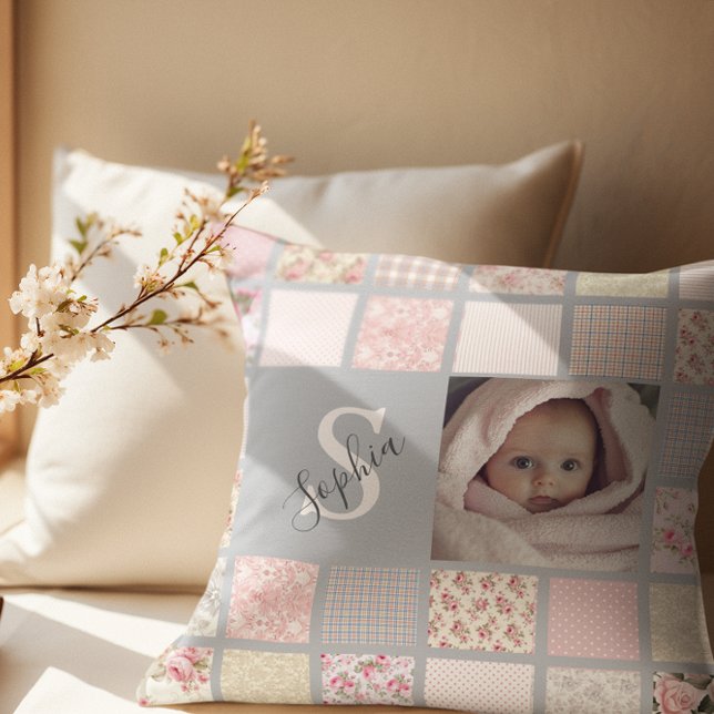 Custom Photo Name Monogram Pink Patchwork Cushion (Creator Uploaded)