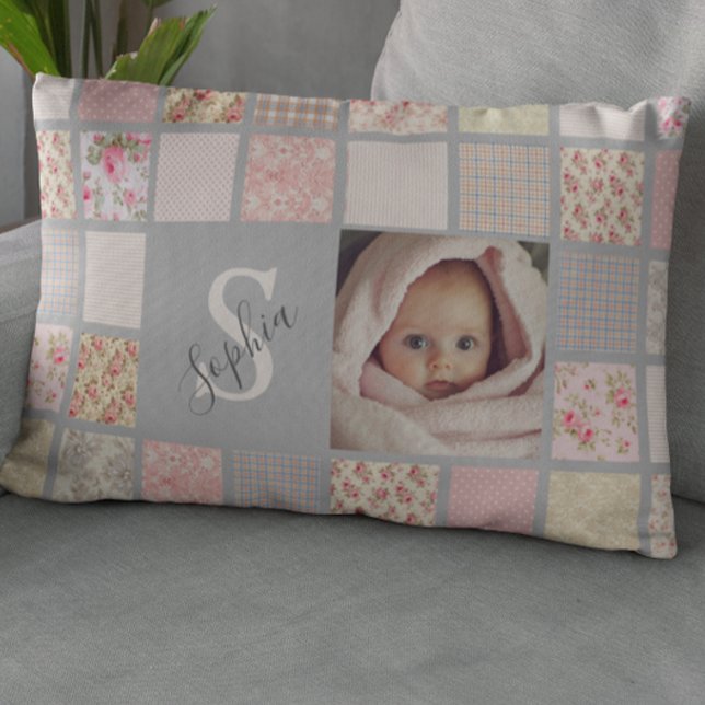 Custom Photo Name Monogram Pink Patchwork Decorative Cushion (Creator Uploaded)
