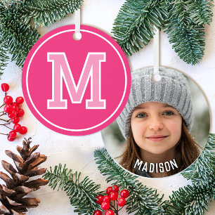 Custom Photo Name Monogram Pink Retro Metal Tree Decoration