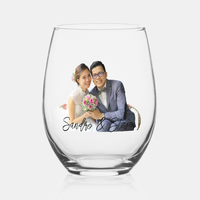 Custom Photo Name Monogram Stemless Wine Glass (Front)