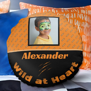 Custom Photo Name Orange Black Personalised Tiger  Round Cushion