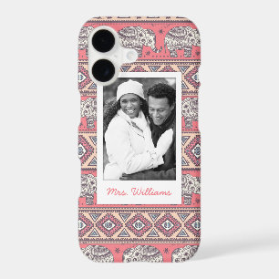 Custom Photo & Name Pink Ethnic Elephant Pattern