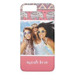Custom Photo & Name Pink Ethnic Elephant Pattern iPhone 8 Plus/7 Plus Case