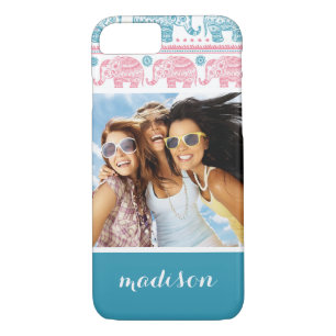 Custom Photo & Name Pink & Teal Elephant Pattern iPhone 8/7 Case