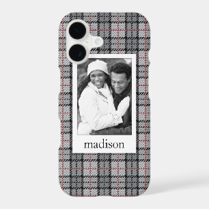Custom Photo & Name Pixel Plaid in Grey & Red