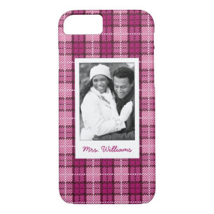 Custom Photo & Name Pixel Plaid_Magenta-Black iPhone 8/7 Case