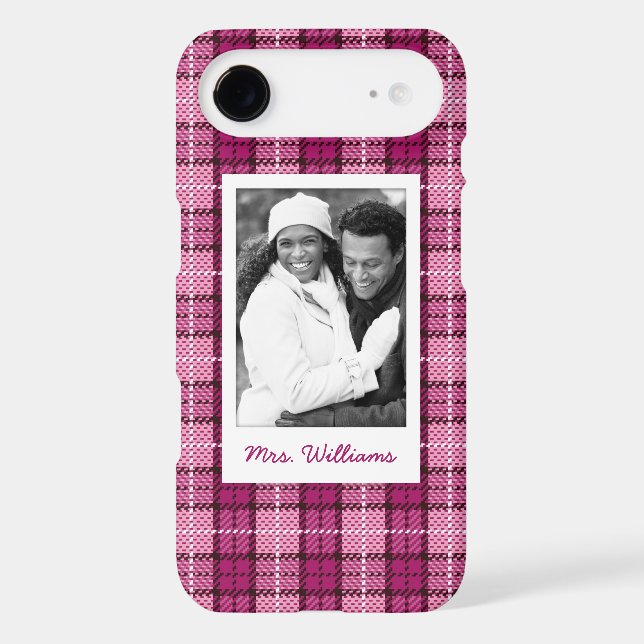 Custom Photo & Name Pixel Plaid_Magenta-Black Case-Mate iPhone Case (Back)