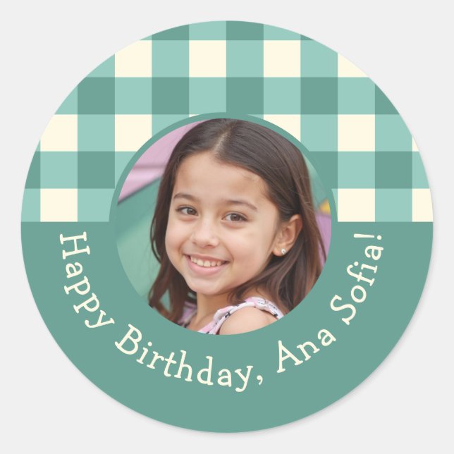 Custom Photo Name Plaid Gingham Birthday Party Classic Round Sticker (Front)