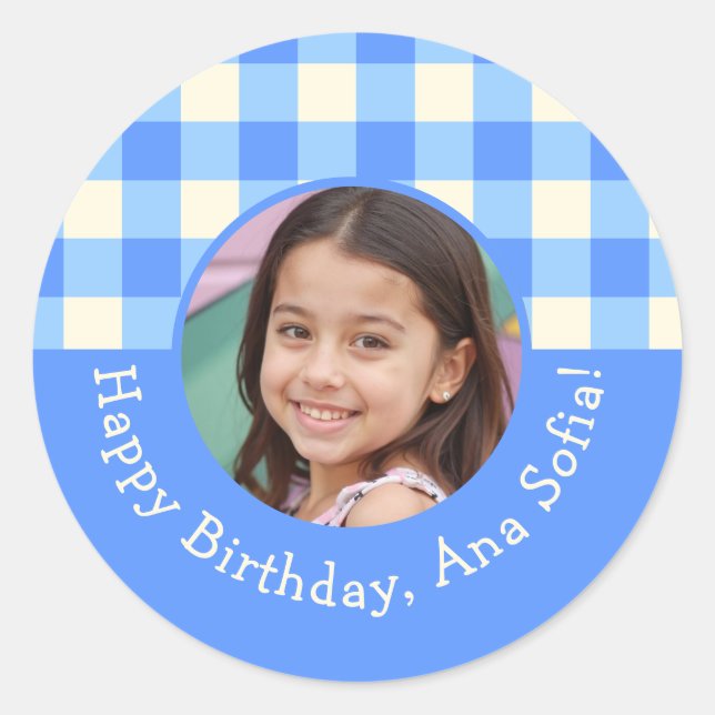 Custom Photo Name Plaid Gingham Birthday Party Classic Round Sticker (Front)