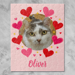 Custom Photo Name Red Pink Hearts Personalised Jigsaw Puzzle