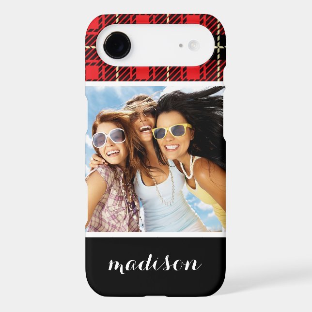 Custom Photo & Name Red Plaid Background Case-Mate iPhone Case (Back)