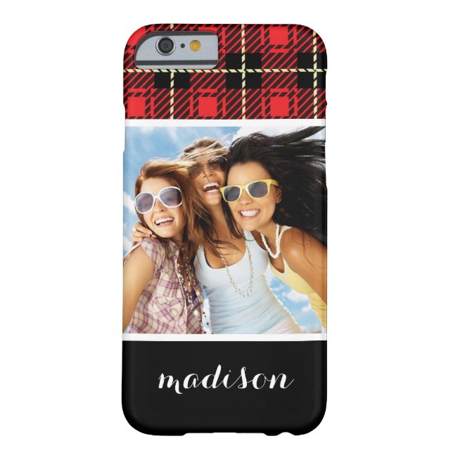 Custom Photo & Name Red Plaid Background Case-Mate iPhone Case (Back)