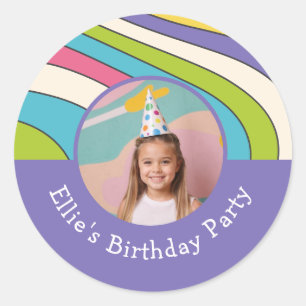 Custom Photo Name Retro Colourful Birthday Party Classic Round Sticker