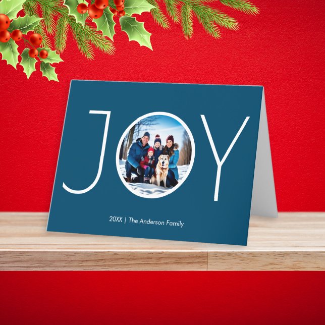 Custom Photo Name Simple Blue Joy Christmas Holiday Card (Send joyful Christmas greetings with this blue card, customizable with photo and name(s))