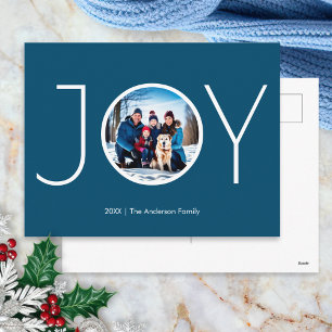 Custom Photo Name Simple Blue Joy Christmas Holiday Postcard