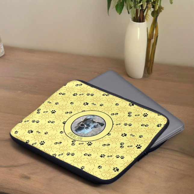 Custom Photo Name Sunshine Black Paws Over Yellow Laptop Sleeve (front overhead view of custom photo paw print pattern )