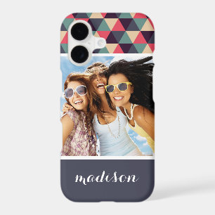 Custom Photo & Name Teal And Pink Triangle Pattern