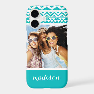 Custom Photo & Name Teal Aztec Tribal Pattern
