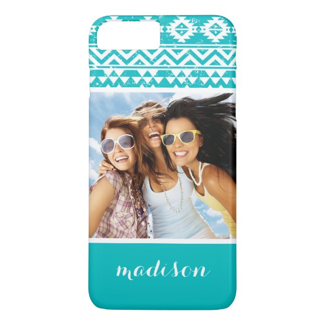 Custom Photo & Name Teal Aztec Tribal Pattern Case-Mate iPhone Case (Back)