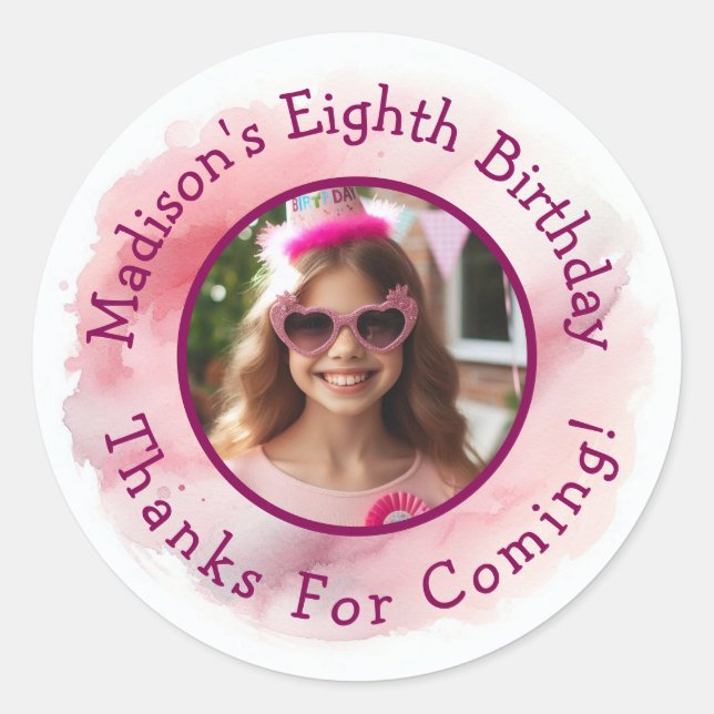 Custom Photo Name Watercolor Birthday Thank You Classic Round Sticker (Front)