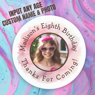 Custom Photo Name Watercolor Birthday Thank You Classic Round Sticker